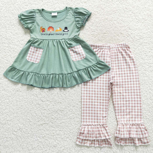 GSPO0827 Turkey Pie Vinyl Pockets Tunic Top Checkerd Pants Girls Thanksgiving Clothes Set