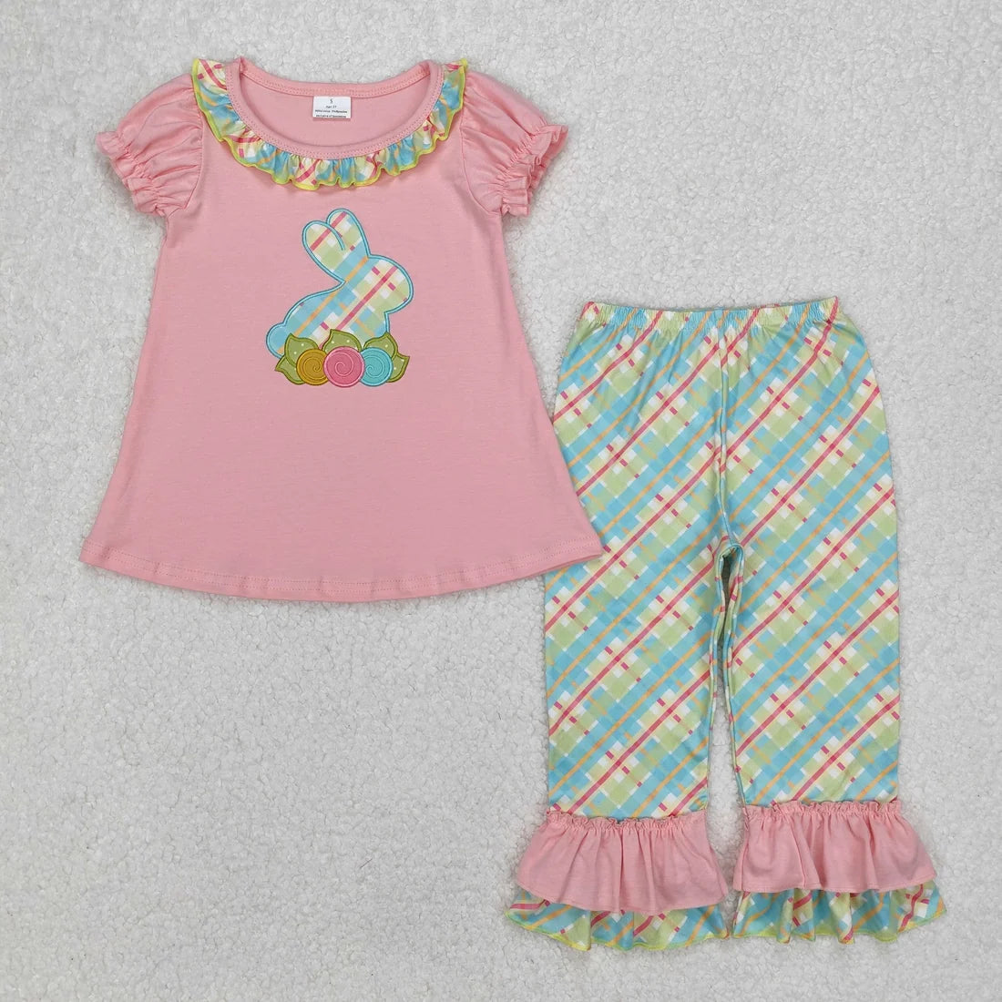 Sibling Baby Kids Embroidery Rabbits Eggs Jesus Top Pants Easter Clothes Set