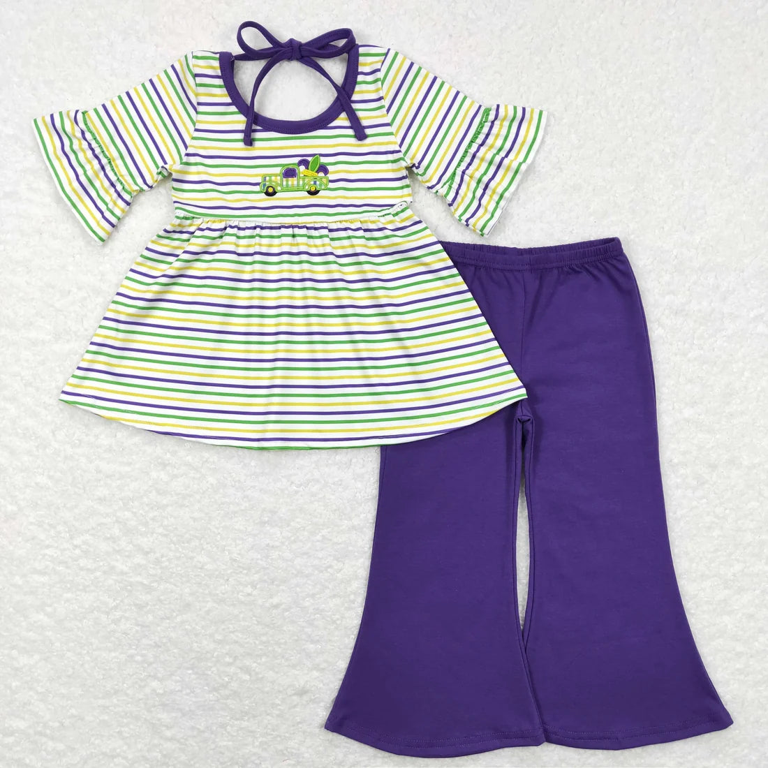 Sibling Baby Boys Girls Embroidery Truck Anchors Stripe Mardigras Clothes Sets Footie Romper