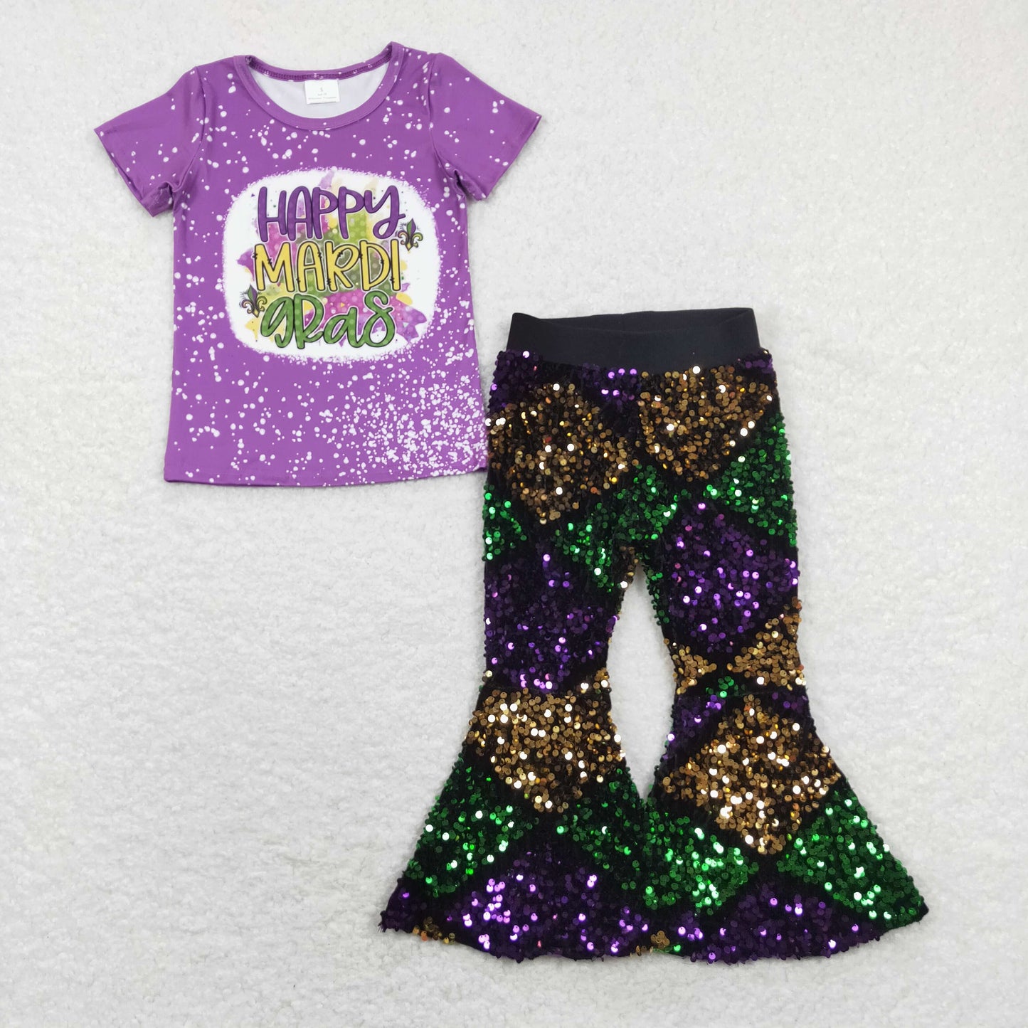 Sibling Baby Girls Mardigras Top Sequin Checked Bell Bottom Pants Clothes Sets