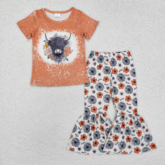 GSPO1525 Highland Cow Flowers Top Bell Pants Girls Clothes Set