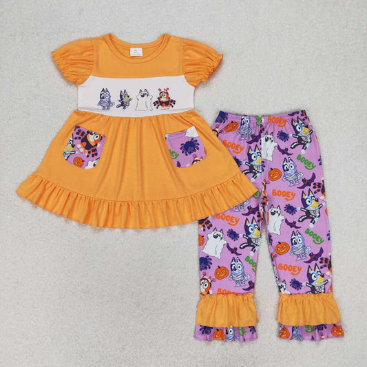 GSPO1569 Cartoon Dog Orange Pockets Tunic Top Ruffle Pants Girls Halloween Clothes Set