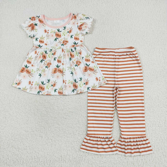 GSPO1570 Flowers Tunic Top Stripes Pants Girls Clothes Set