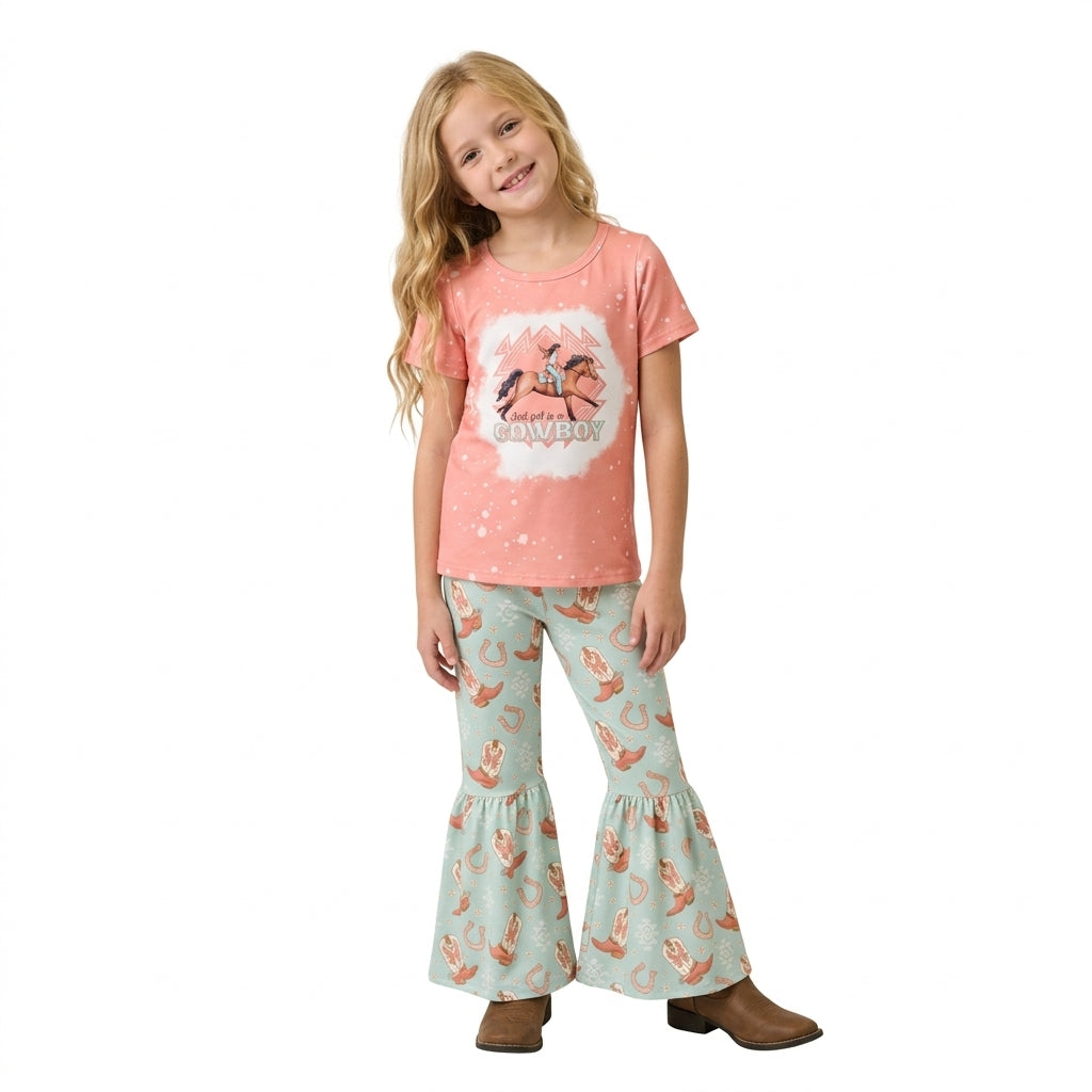 GSPO1571 Cowboy Pink Top Boots Bell Pants Girls Clothes Set