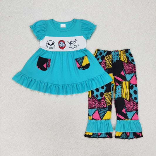 GSPO1579 Nightmar* Blue Pockets Tunic Top Ruffle Pants Girls Halloween Clothes Set