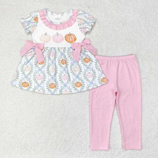 GSPO1601 Pumpkin Bows Tunic Top Pink Pants Girls Fall Clothes Set