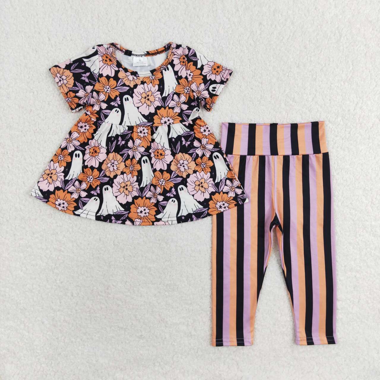 GSPO1617 Ghost Flowers Tunic Top Stripes Legging Pants Girls Halloween Clothes Set