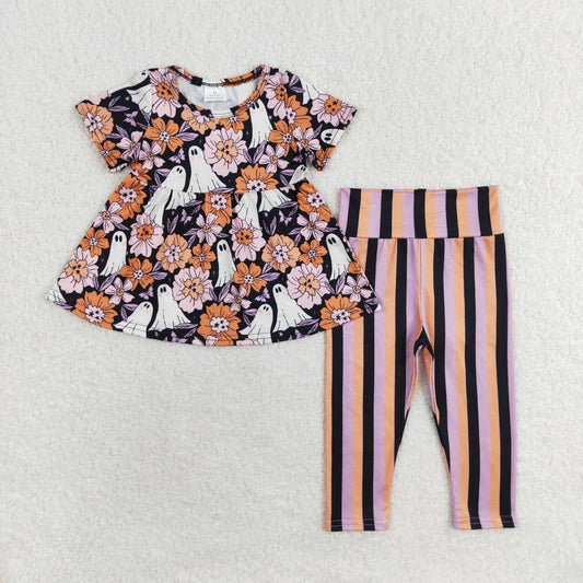 GSPO1617 Ghost Flowers Tunic Top Stripes Legging Pants Girls Halloween Clothes Set
