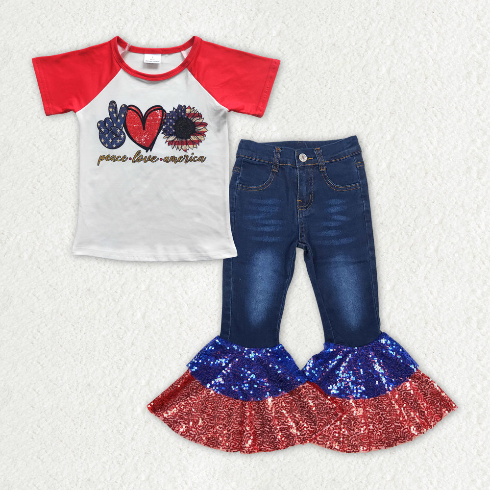 Sibling Baby Girls America Babe Smile Top Denim Bell Bottom Pant 4th of July Clothes Sets