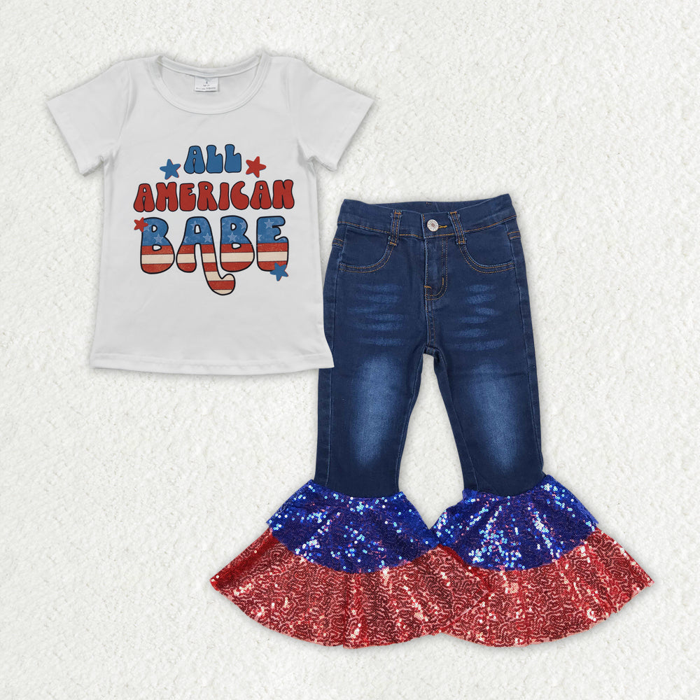GSPO1623 ALL AMERICAN BABE Top Blue Denim Sequin Bell Jeans Girls 4th of July Outfits