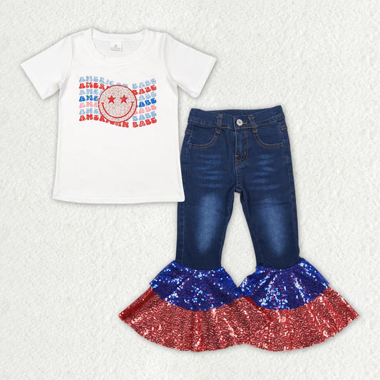 GSPO1624 American Babe Top Blue Denim Sequin Bell Jeans Girls 4th of July Outfits