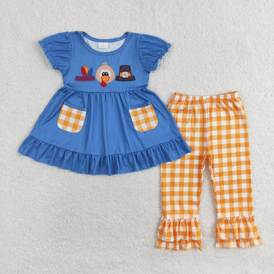 GSPO1643 Turkey Blue Pockets Tunic Top Checkered Pants Girls Thanksgiving Clothes Set