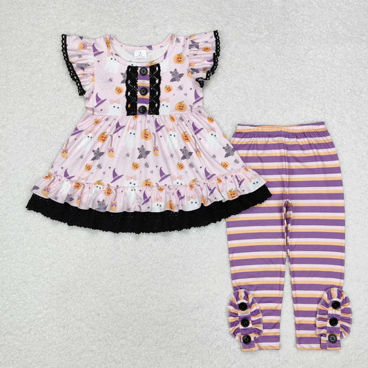 GSPO1668 Ghost Bat Pumpkin Ruffle Tunic Top Stripes Pants Girls Halloween Clothes Set