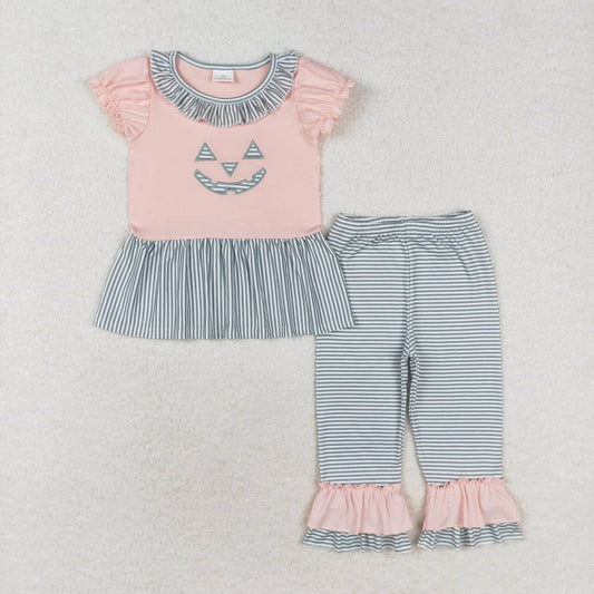 GSPO1671 Smiling Embroidery Pink Top Stripes Pants Girls Halloween Clothes Set