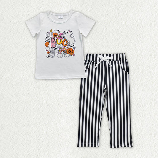 GSPO1701 BOO Rainbow Flowers White Top Stripes Pants Girls Halloween Clothes Set