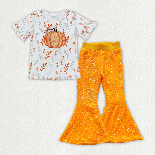 GSPO1729 Pumpkin Embroidery Top Orange Sequin Bell Pants Girls Fall Clothes Set