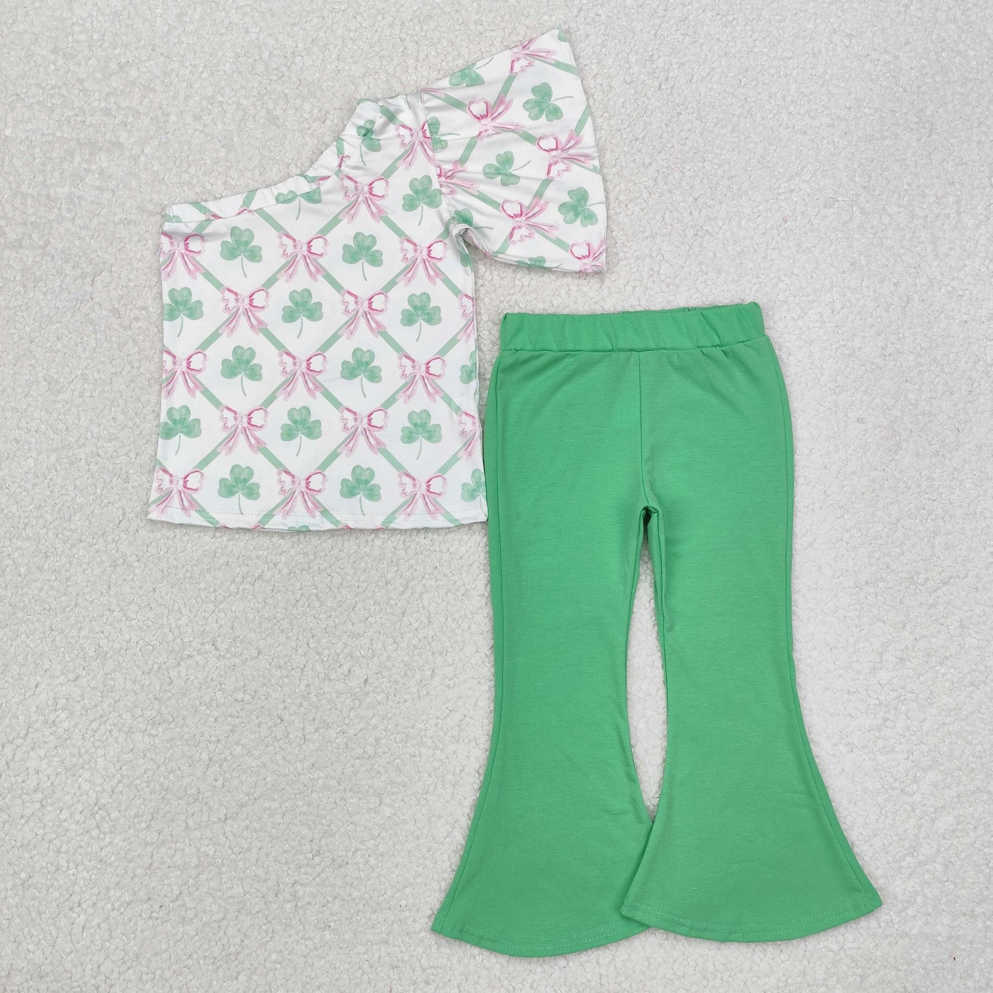 Sibling Baby Girls Clovers Bows Checked Pants Pajamas Clothes Sets Zipper Romper