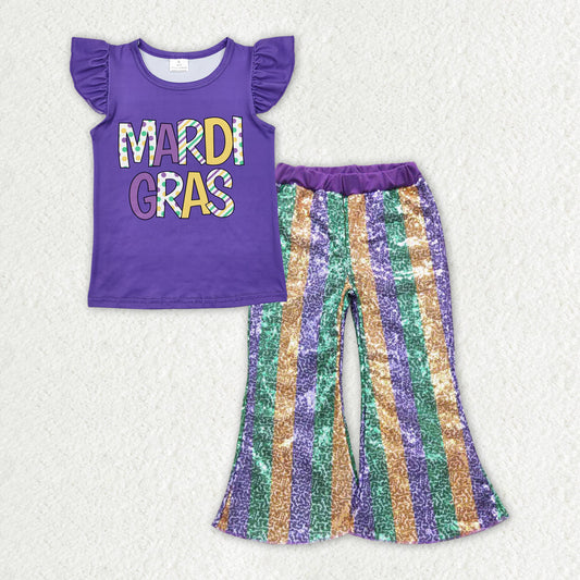 Sibling Baby Girls Mardigras Top Sequin Stripe Flare Pants Clothes Sets