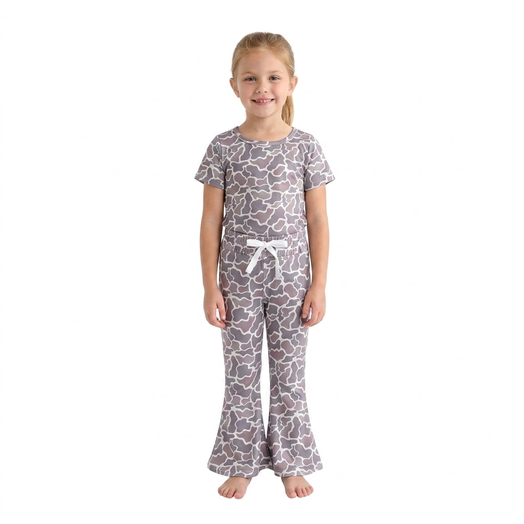 GSPO1889 Dark Grey Camo Print Short Sleeve Top Bell Pants Girls Clothes Set