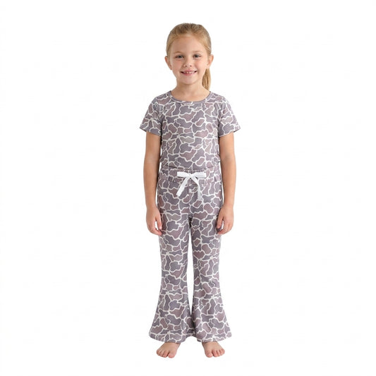 GSPO1889 Dark Grey Camo Print Short Sleeve Top Bell Pants Girls Clothes Set