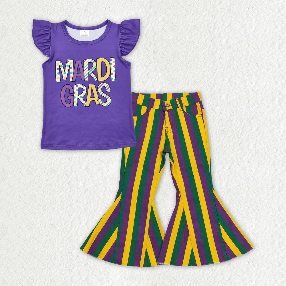 Sibling Baby Girls Mardigras Top Denim Bell Bottom Pants Clothes Sets