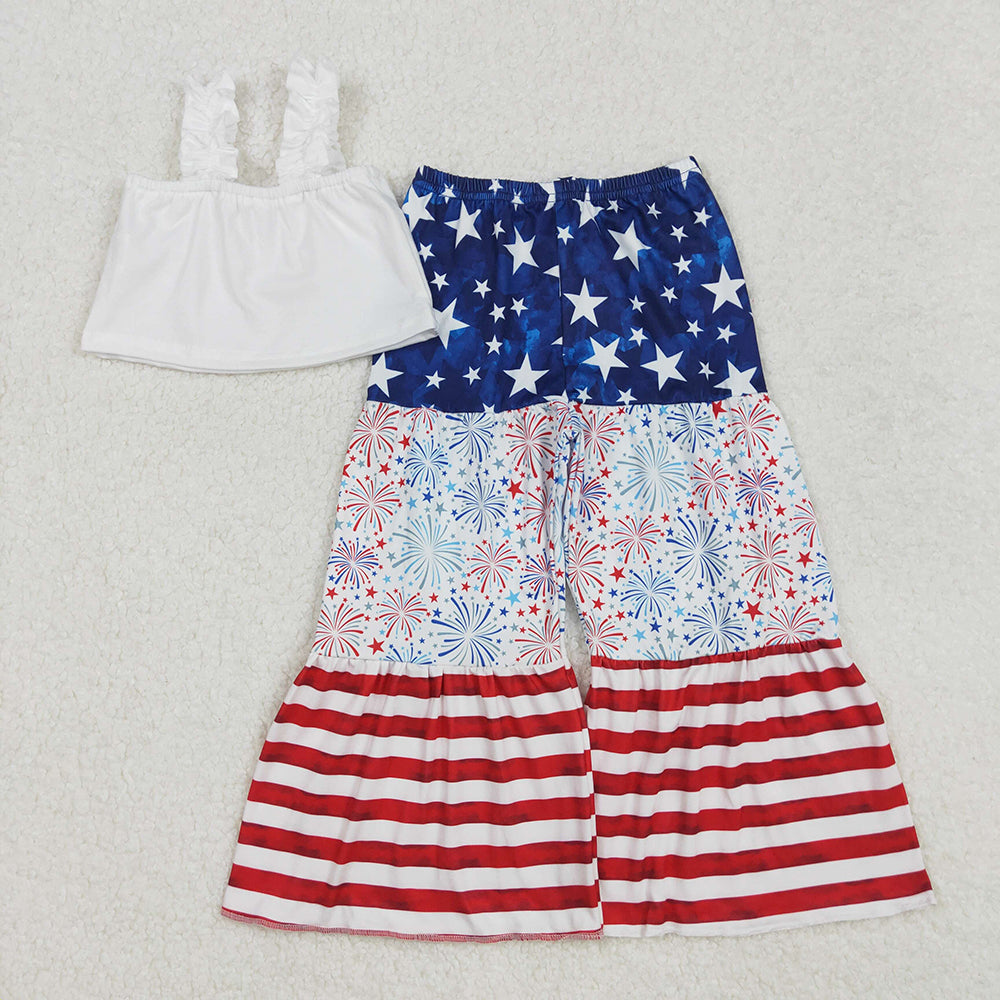GSPO1959 White Crop Top Stars Fireworks Stripes Bell Pants Baby Girls 4th of July Clothes Set