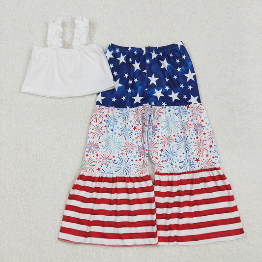 GSPO1959 White Crop Top Stars Fireworks Stripes Bell Pants Baby Girls 4th of July Clothes Set