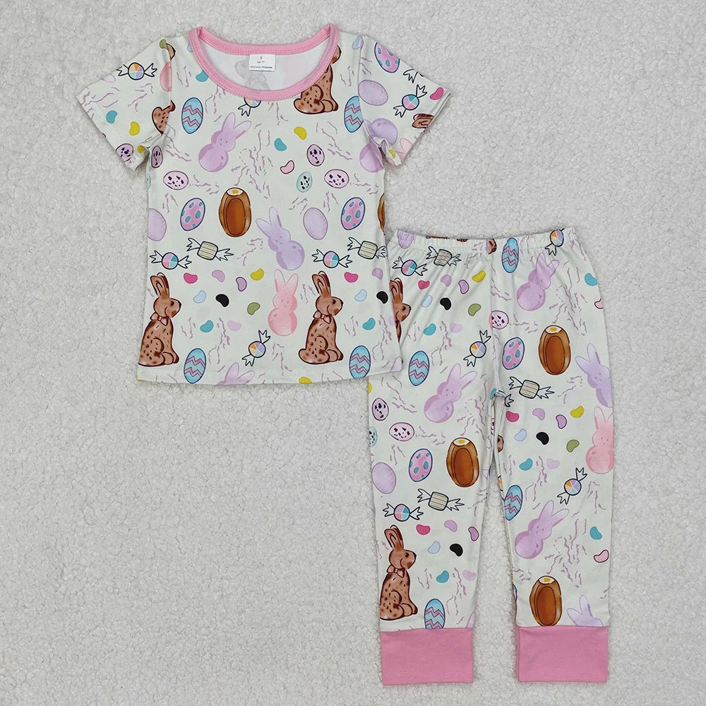 Sibling Baby Girls Boys Easter Rabbit Egg Shor Sleeve Pajama Set Zipper Romper