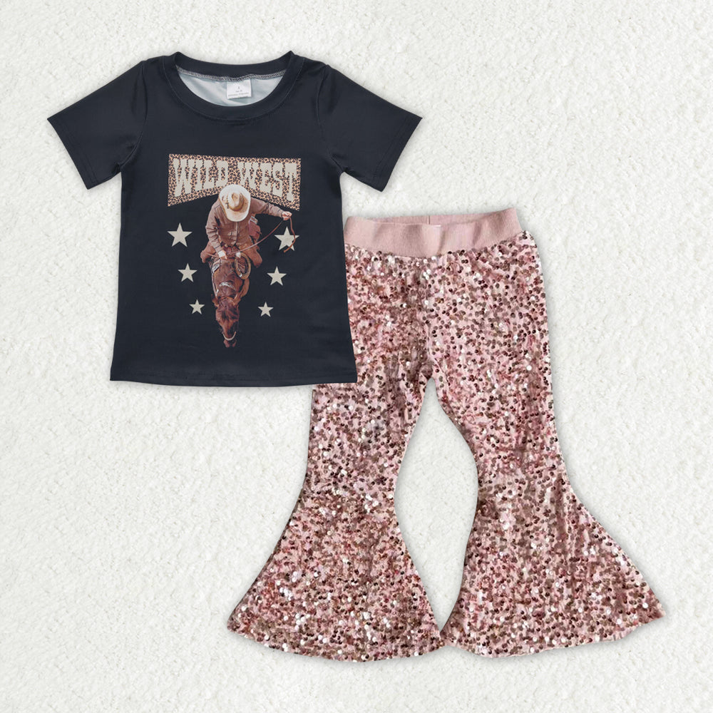 Sibling Baby Girls Horse Rodeos Tunic Sequin Bell Bottom Pant Western Clothes Set