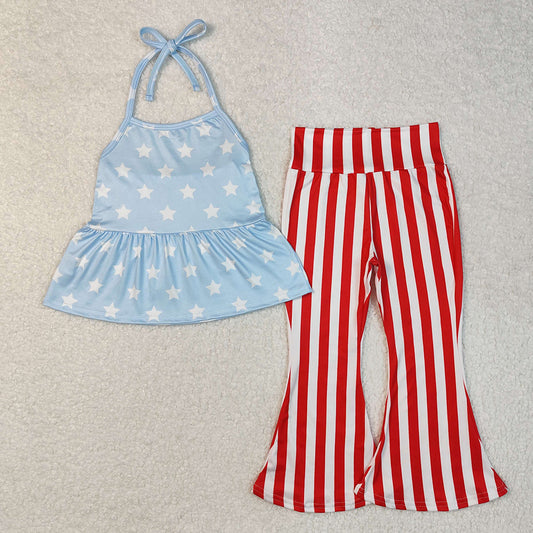 GSPO1974 Stars Halter Tunic Top Red Stripes Bell Pants Baby Girls 4th of July Clothes Set