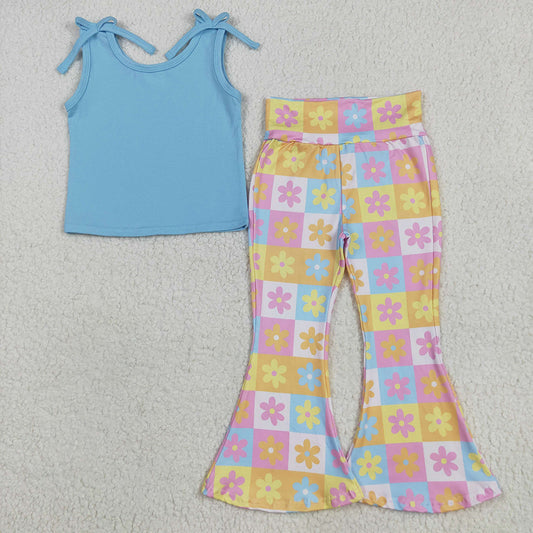 GSPO2017 Blue Top Colorful Flowers Plaid Bell Pants Girls Clothes Set