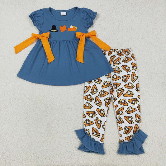 GSPO2028 Turkey Pie Embroidery Tunic Top Ruffle Pants Girls Thanksgiving Clothes Set