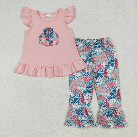 Sibling Embroidery Baby Girls Pink Floral Pumpkin Rompers Dresses Outfits