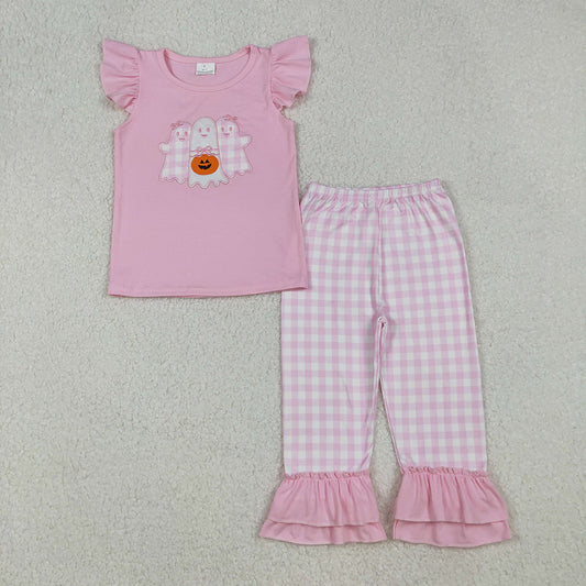 GSPO2058 Pumpkin Ghost Embroidery Pink Top Checkered Pants Girls Halloween Clothes Set