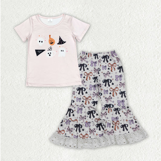 GSPO2065 Ghost Pink Top Bows Bell Pants Girls Halloween Clothes Set