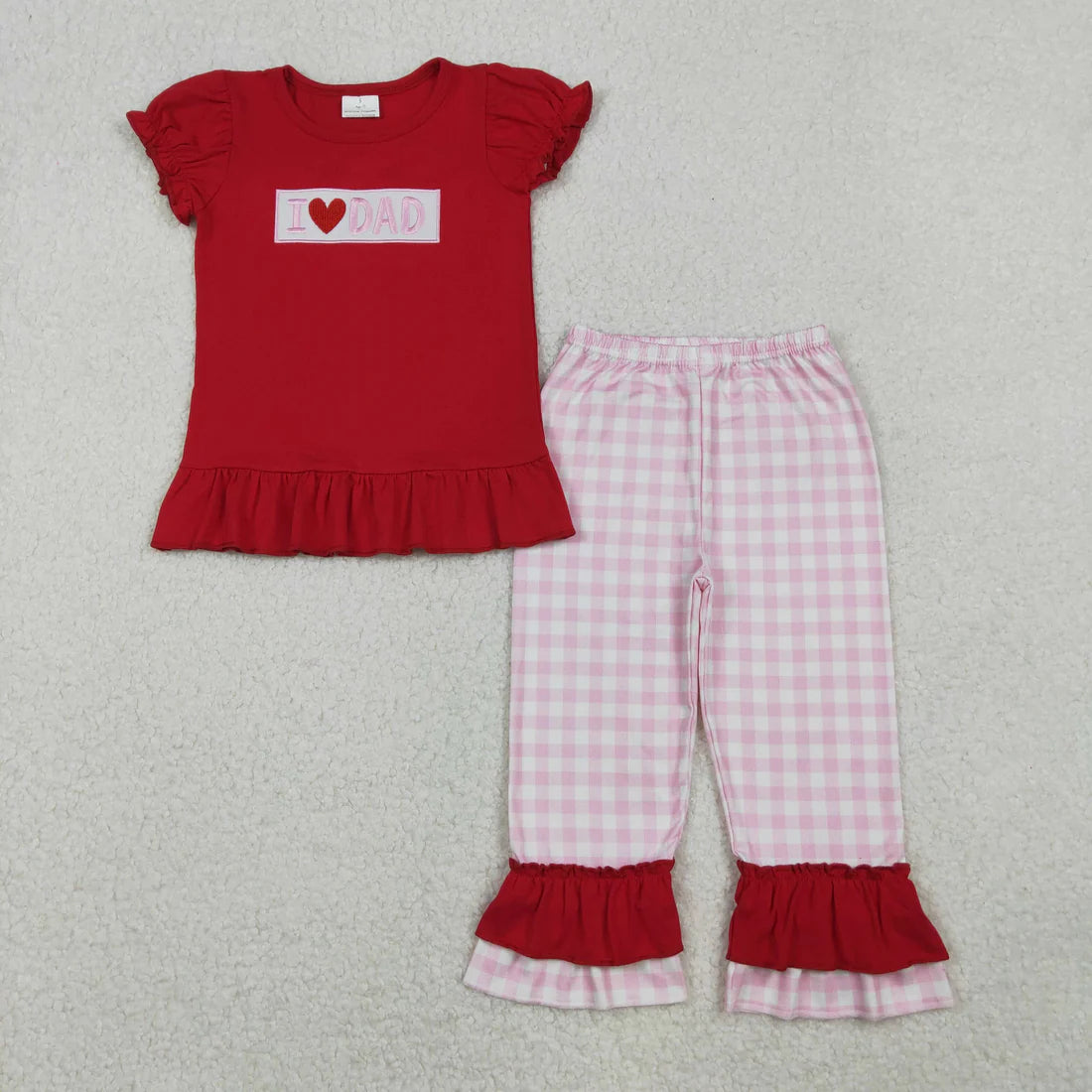 Sibling Baby Boys Girls Embroidery I Love Dad Mom Checked Red Shirt Pants Clothes Sets