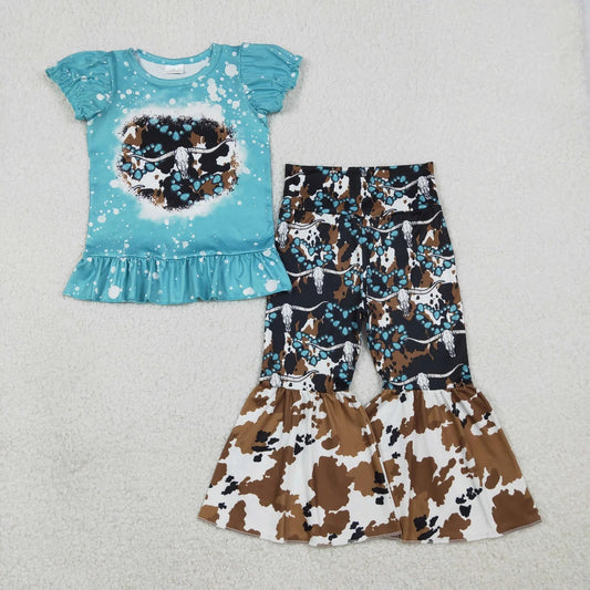 Baby Girls Bull Skulls Turquoises Top Bell Bottom Pants Western Clothes Sets