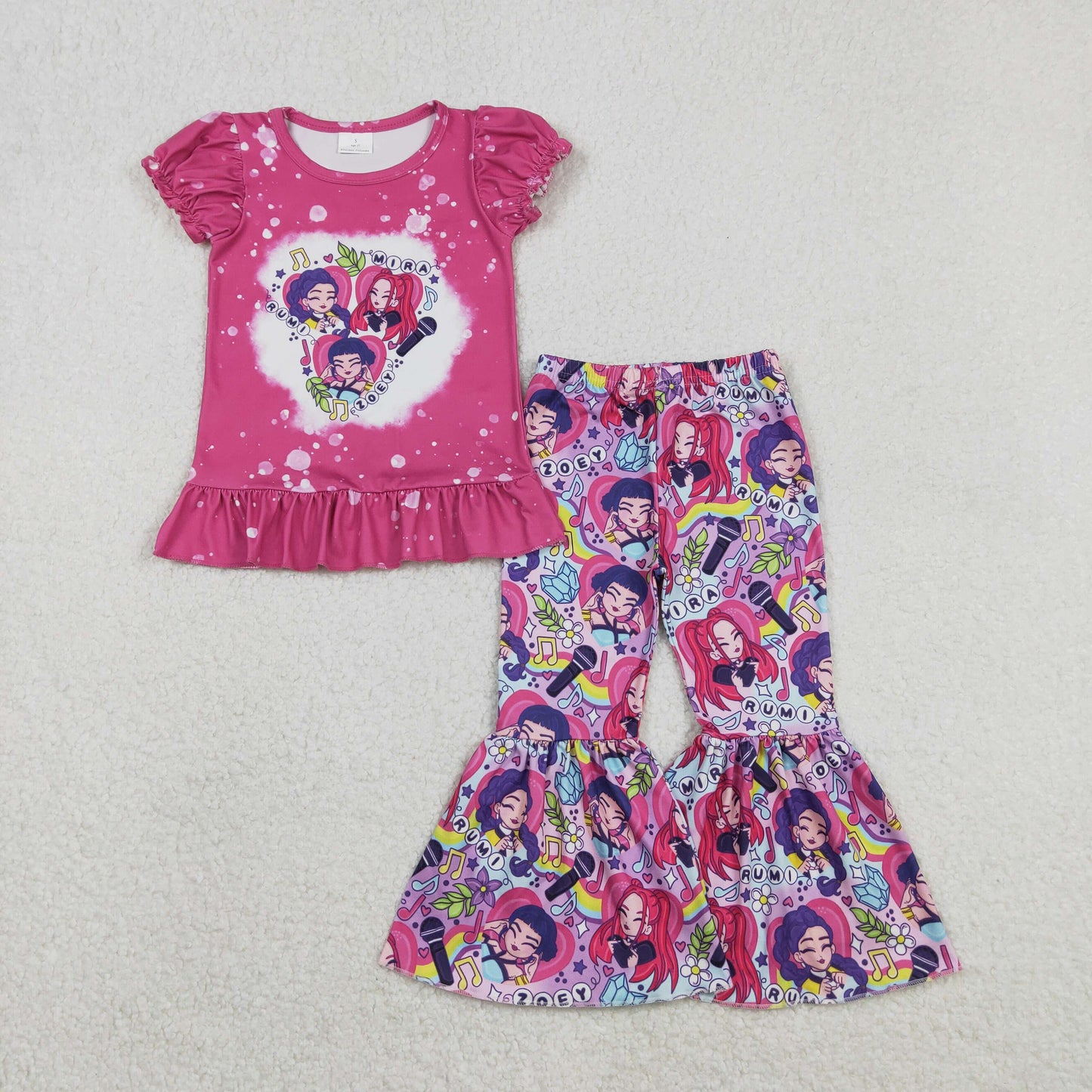 Sibling Baby Girls Short Sleeve Cartoon Demon Hunter Top Bell Bottom Pants Clothes Sets