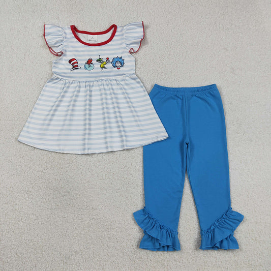 GSPO2136 Mr Reading Stripes Tunic Top Blue Pants Girls Clothes Set