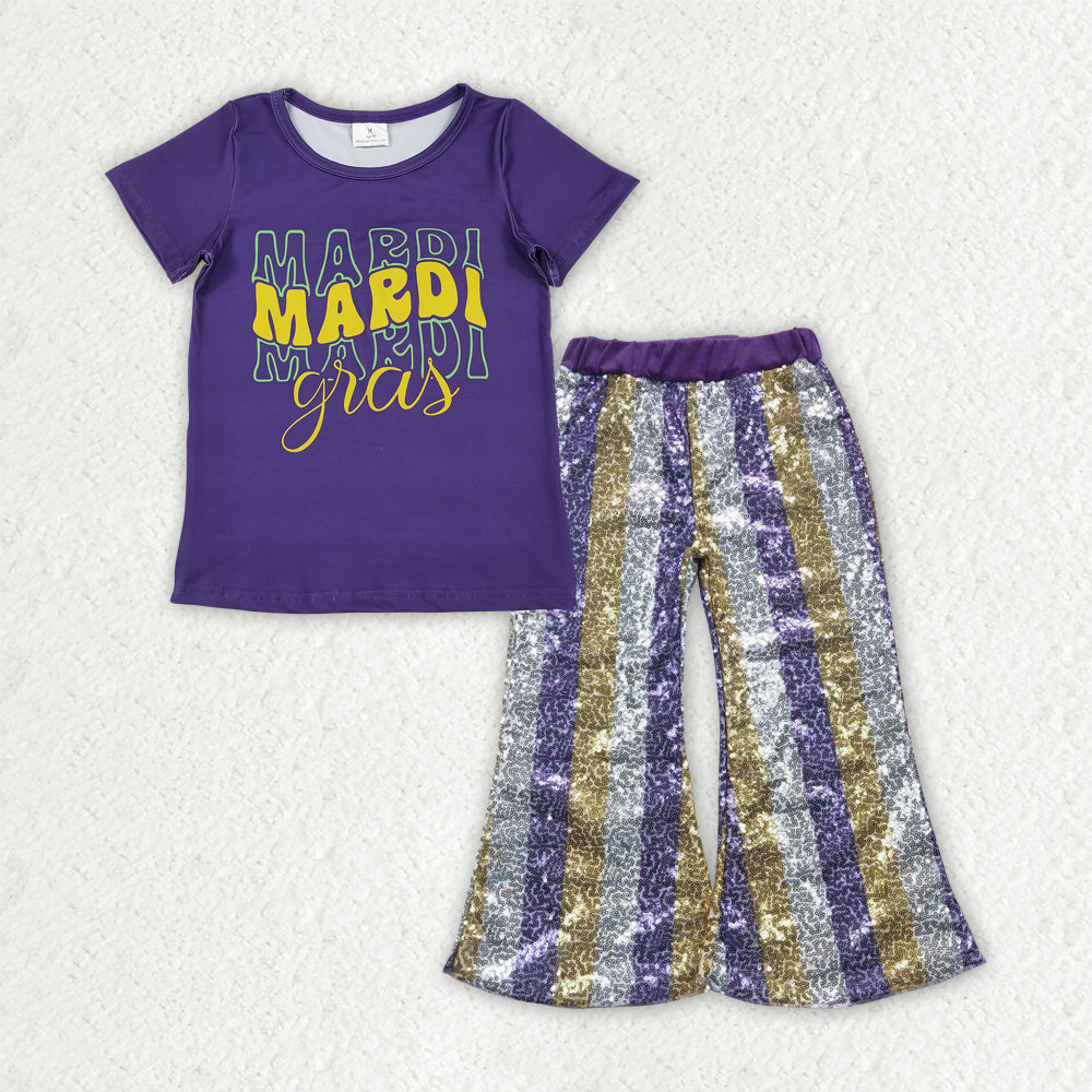 Sibling Baby Girls Mardigras Top Sequin Stripe Flare Pants Clothes Sets