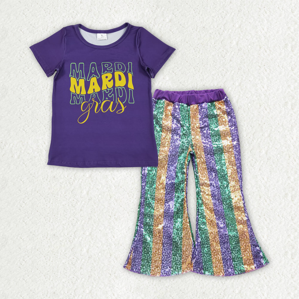 Sibling Baby Girls Mardigras Top Sequin Stripe Flare Pants Clothes Sets
