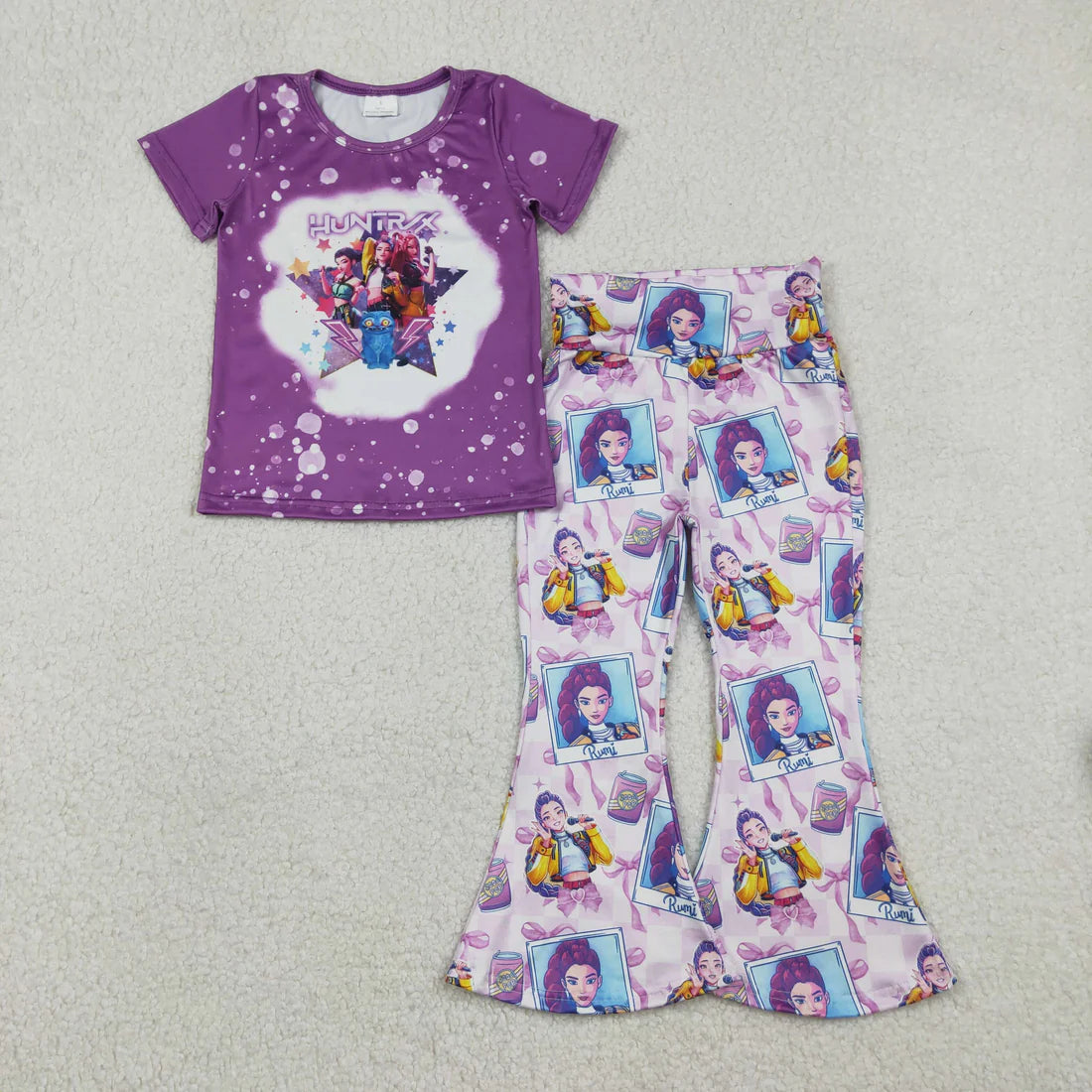 Sibling Baby Girls Short Sleeve Cartoon Demon Hunter Top Bell Bottom Pants Outfit
