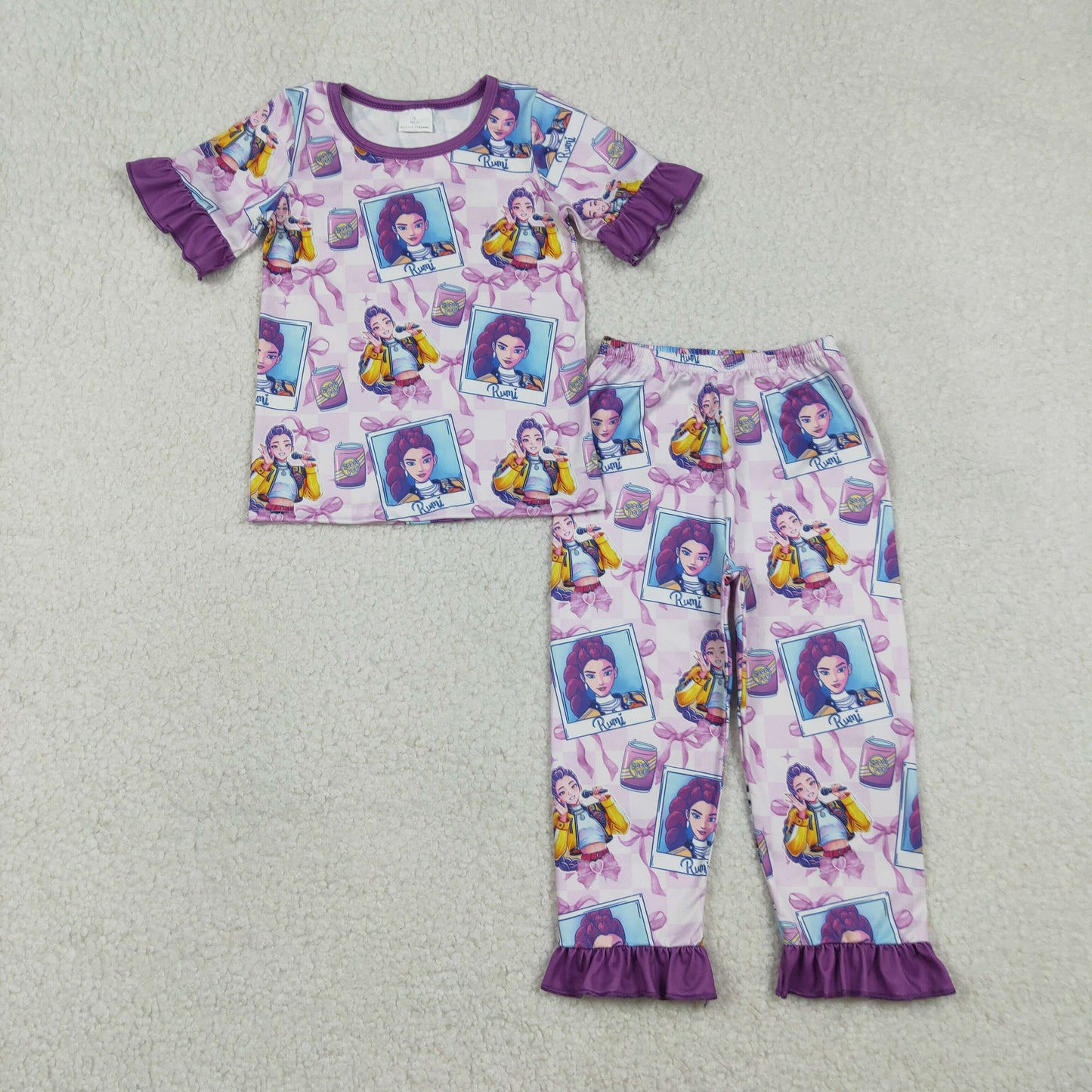 Sibling Baby Girls Demon Hunter Bows Button Shorts Pajamas Set Ruffle Knee Length Dresses