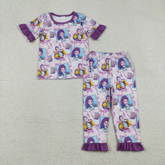 Sibling Baby Girls Demon Hunter Bows Button Shorts Pajamas Set Ruffle Knee Length Dresses