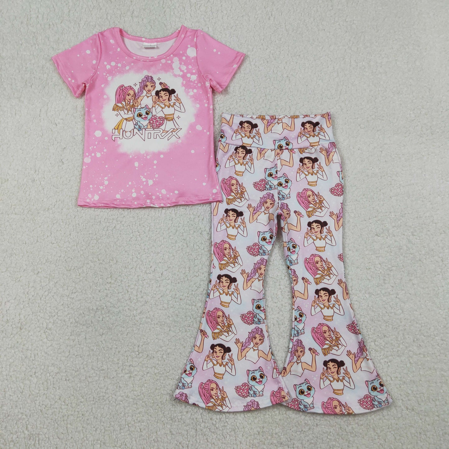 Sibling Baby Girls Short Sleeve Cartoon Demon Hunter Top Bell Bottom Pants Clothes Sets