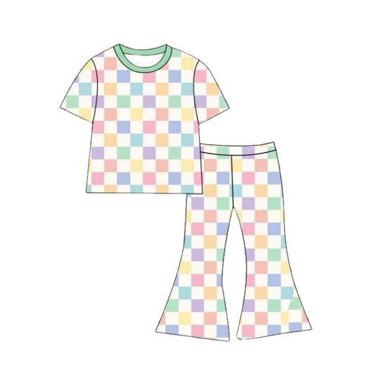 3.30 Pastel Checkered Girls Flare Pants & Short Sleeve Top Toddler Outfit