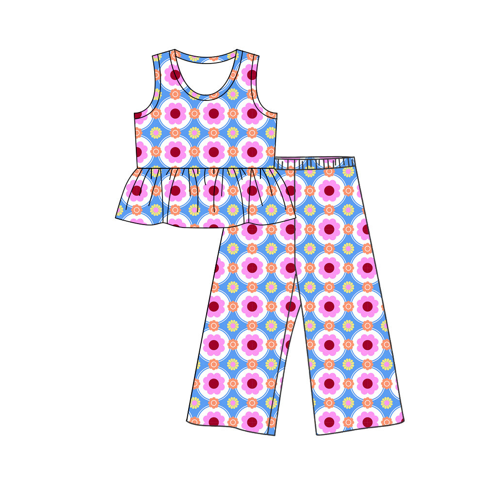 5.9 Girls Blue Retro Floral Peplum Set - Sleeveless Top & Wide Leg Pants Preorder