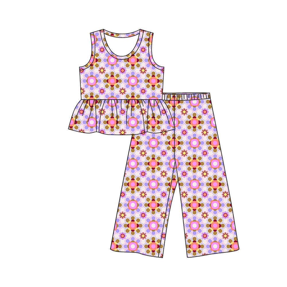 5.9 Girls Multi-Color Retro Floral Peplum Set - Sleeveless Top & Wide Leg Pants Preorder