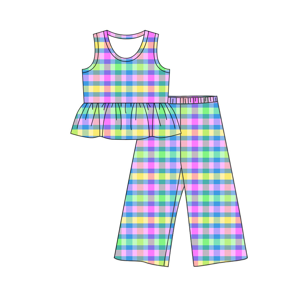 5.9 Girls Rainbow Plaid Peplum Set - Sleeveless Top & Wide Leg Pants Preorder