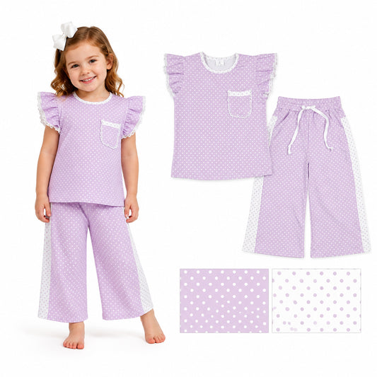 GSPO2328 Violet Dots Flutter Sleeve Top Straight Pockets Pants Girls Clothes Set
